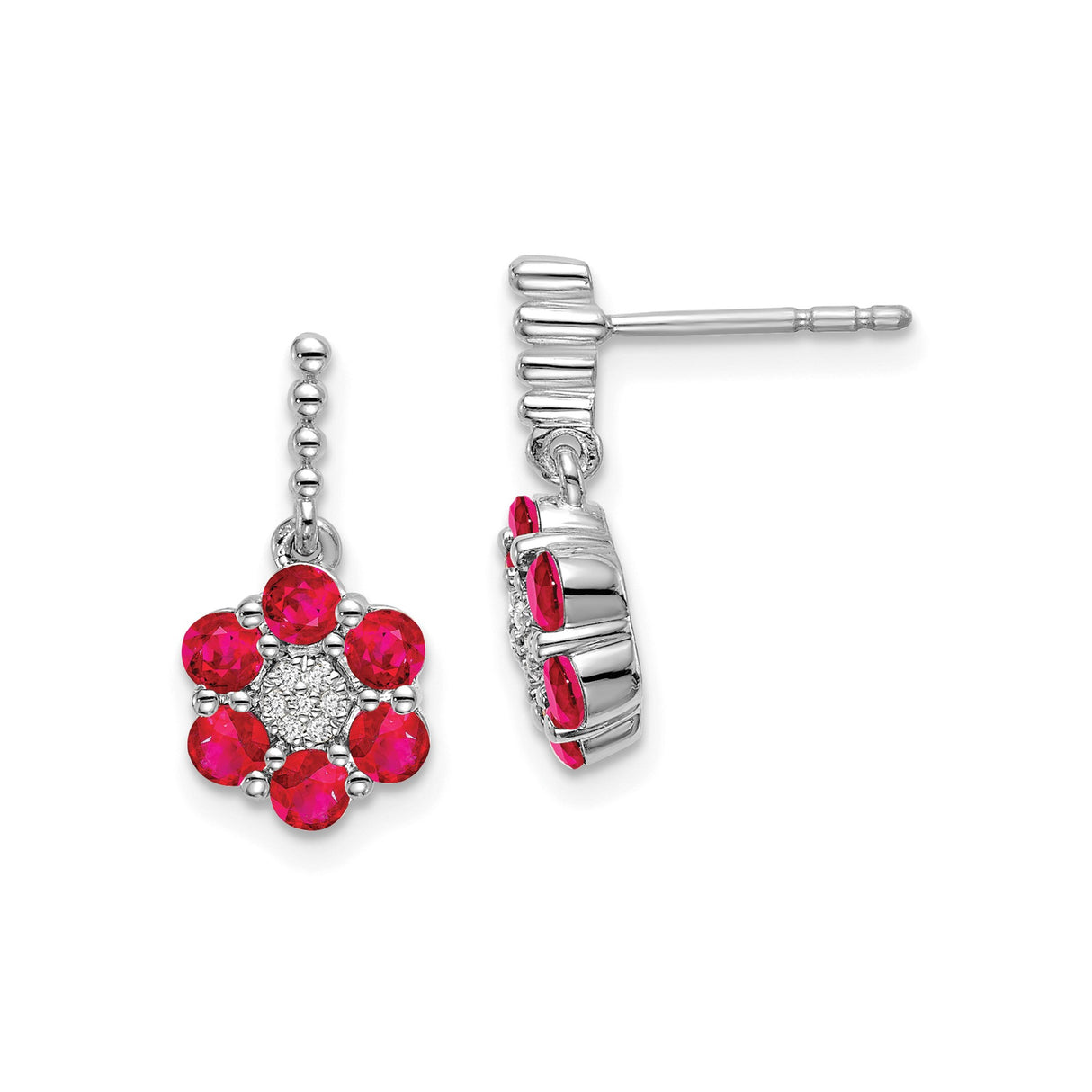 14k White Gold Drop Earrings with Ruby and Diamond Accents, Floral Design for Women