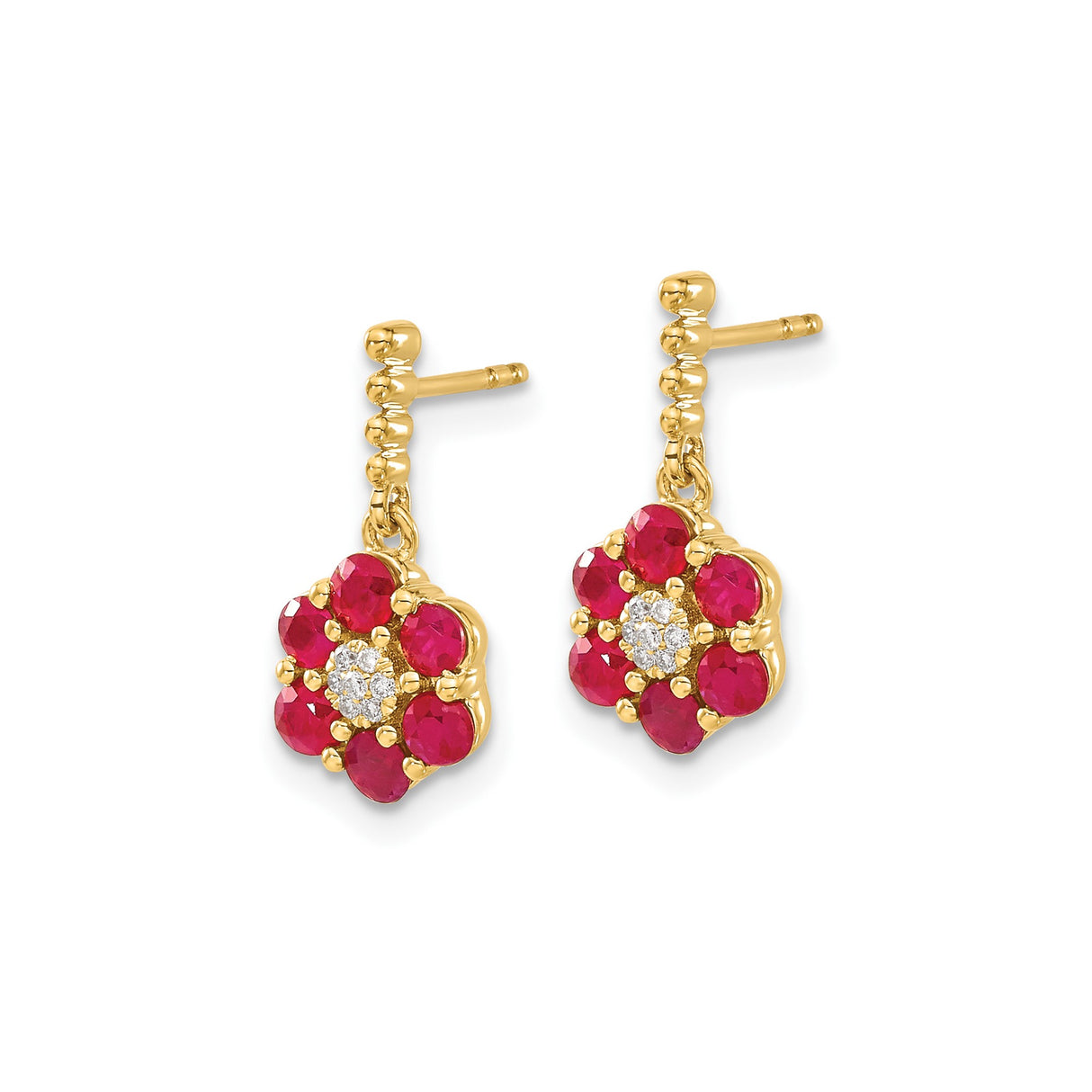 14k Yellow Gold Drop Earrings with Ruby and Diamond, Floral Petal Design for Women
