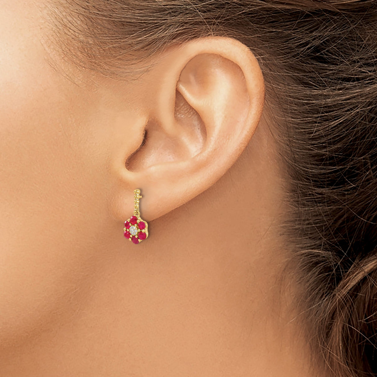 14k Yellow Gold Drop Earrings with Ruby and Diamond, Floral Petal Design for Women