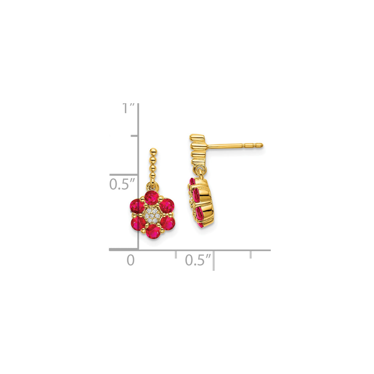 14k Yellow Gold Drop Earrings with Ruby and Diamond, Floral Petal Design for Women