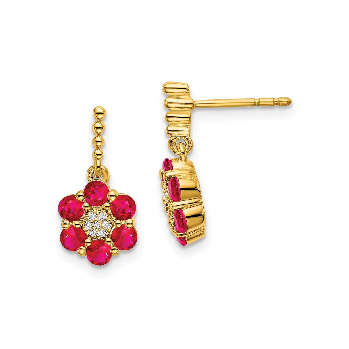 14k Yellow Gold Drop Earrings with Ruby and Diamond, Floral Petal Design for Women