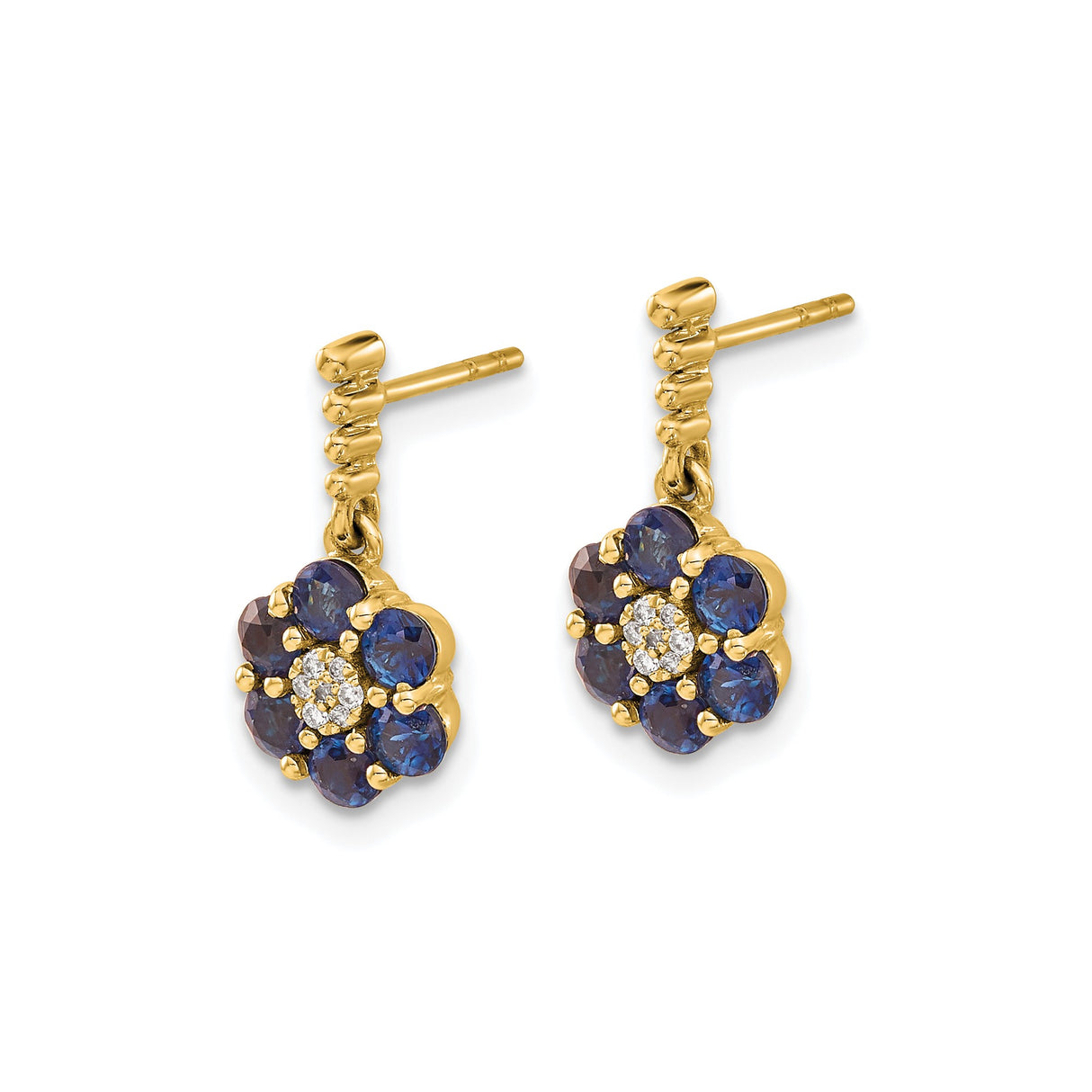 14k Yellow Gold Drop Earrings with Blue Sapphires and Diamonds, Floral Cluster Design