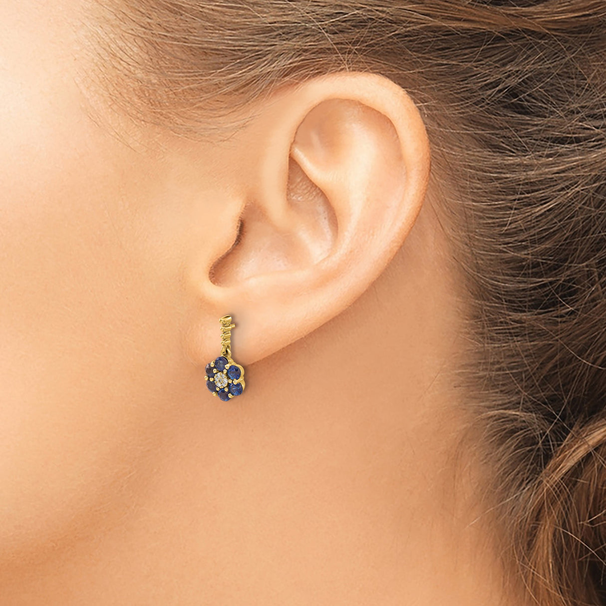 14k Yellow Gold Drop Earrings with Blue Sapphires and Diamonds, Floral Cluster Design