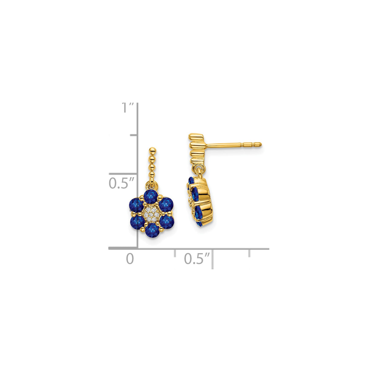 14k Yellow Gold Drop Earrings with Blue Sapphires and Diamonds, Floral Cluster Design