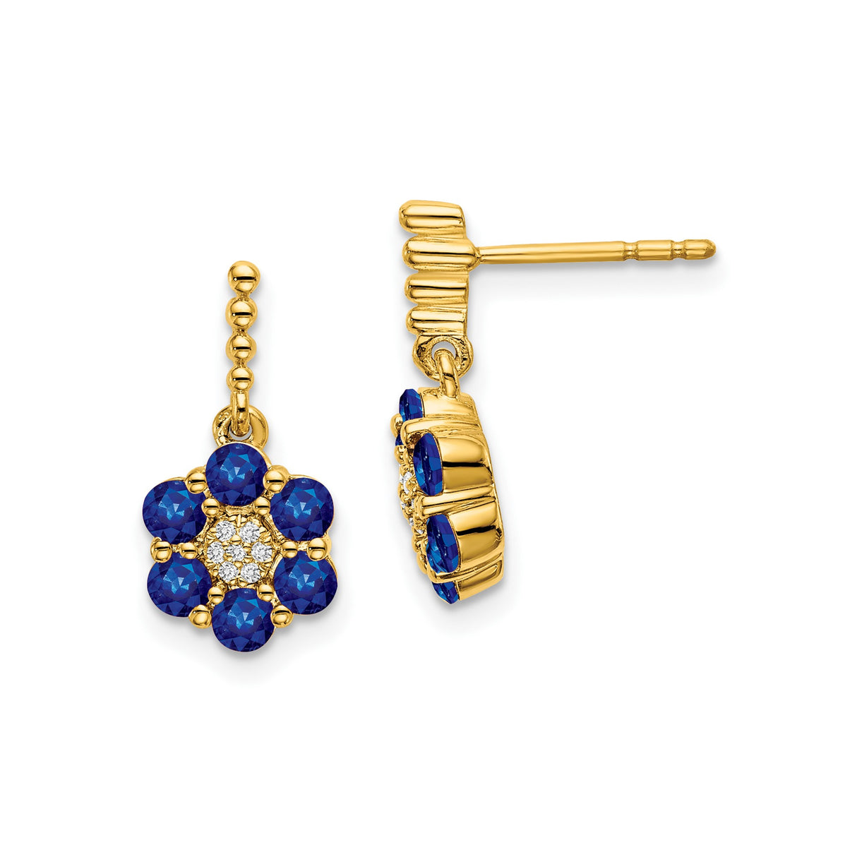 14k Yellow Gold Drop Earrings with Blue Sapphires and Diamonds, Floral Cluster Design