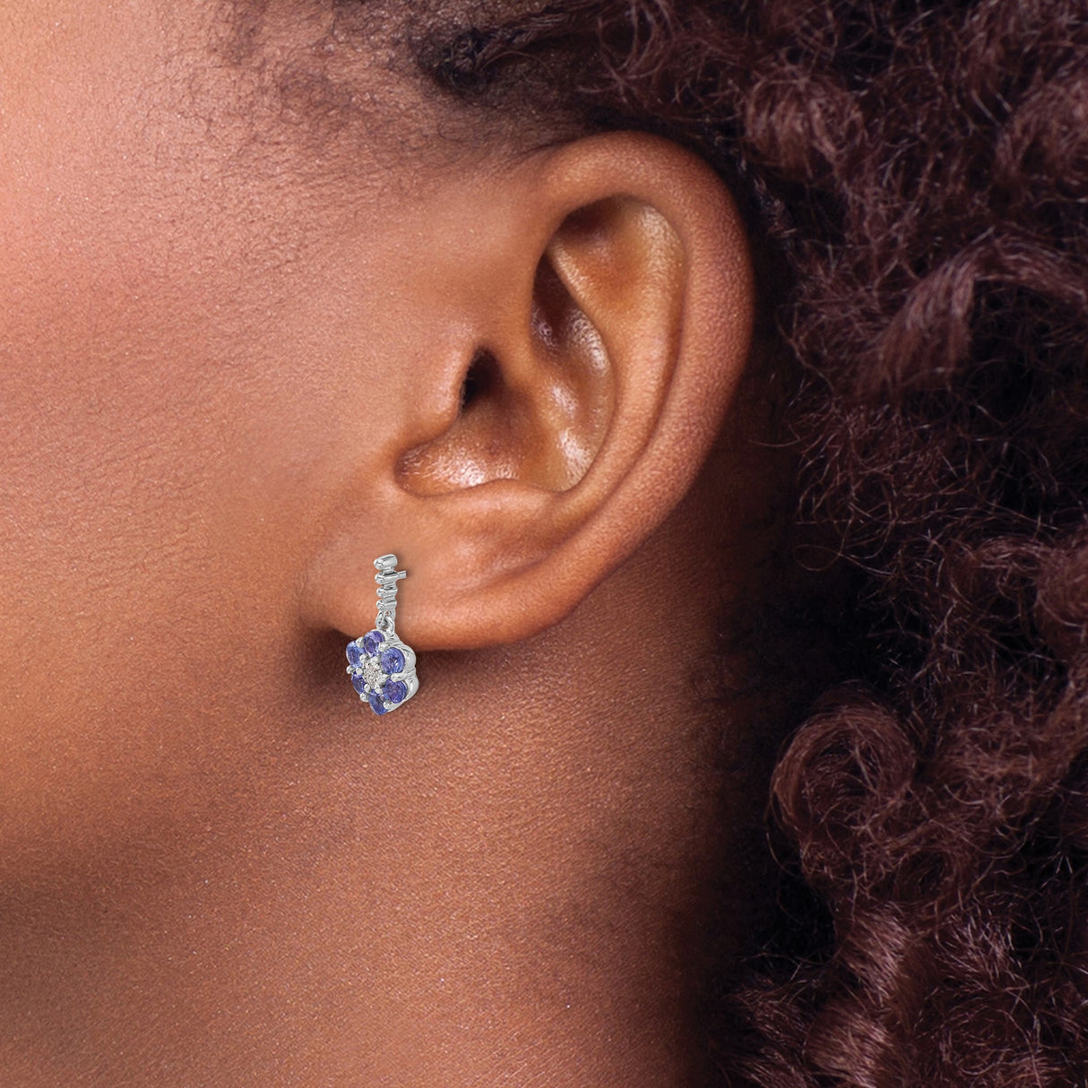 14k White Gold Drop Earrings with Tanzanite and Diamond, Floral Motif for Women