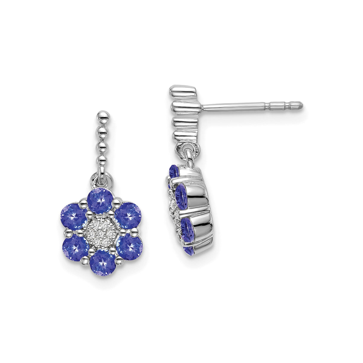 14k White Gold Drop Earrings with Tanzanite and Diamond, Floral Motif for Women