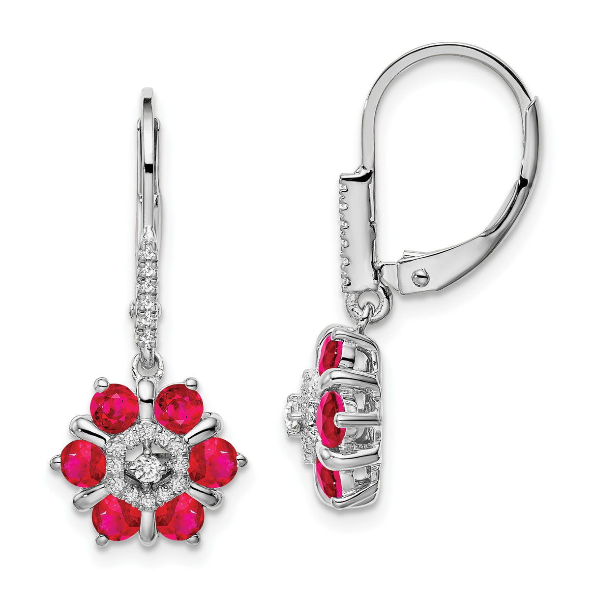 14k White Gold Dangle Earrings with Ruby and Diamond Accents, Floral Leverback Design
