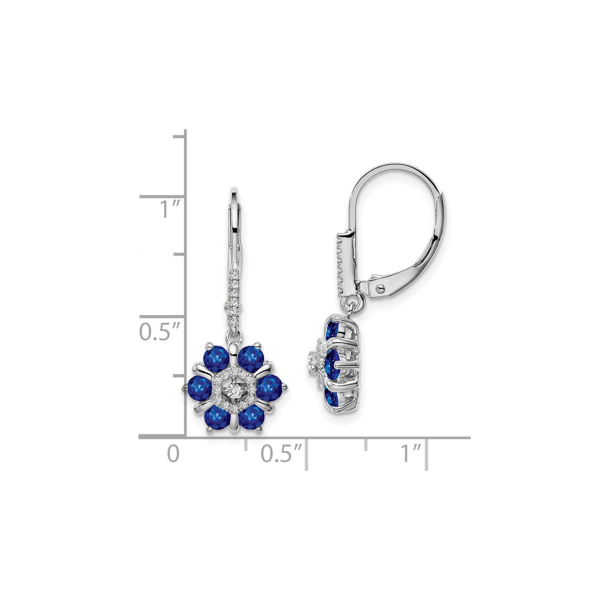14k White Gold Dangle Earrings with Sapphire and Diamond Accents, Floral Leverback Design