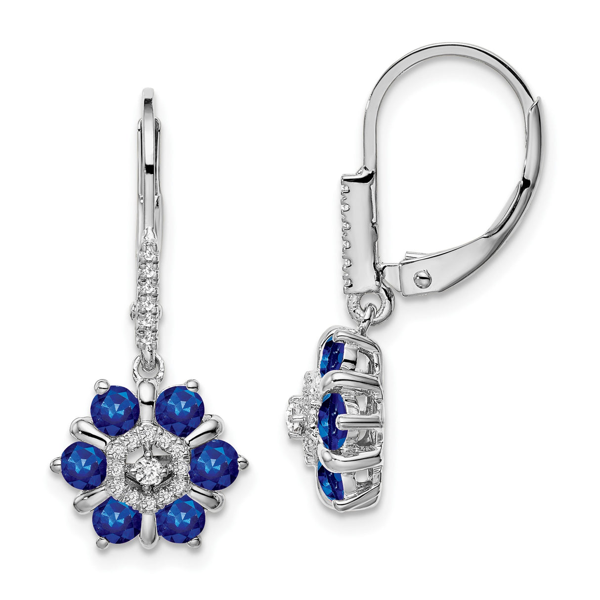 14k White Gold Dangle Earrings with Sapphire and Diamond Accents, Floral Leverback Design