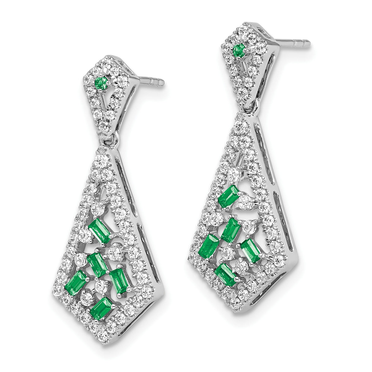 14k White Gold Dangle Earrings with Green Emeralds, Geometric Drop Design for Women