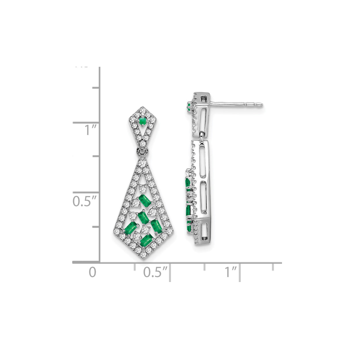14k White Gold Dangle Earrings with Green Emeralds, Geometric Drop Design for Women