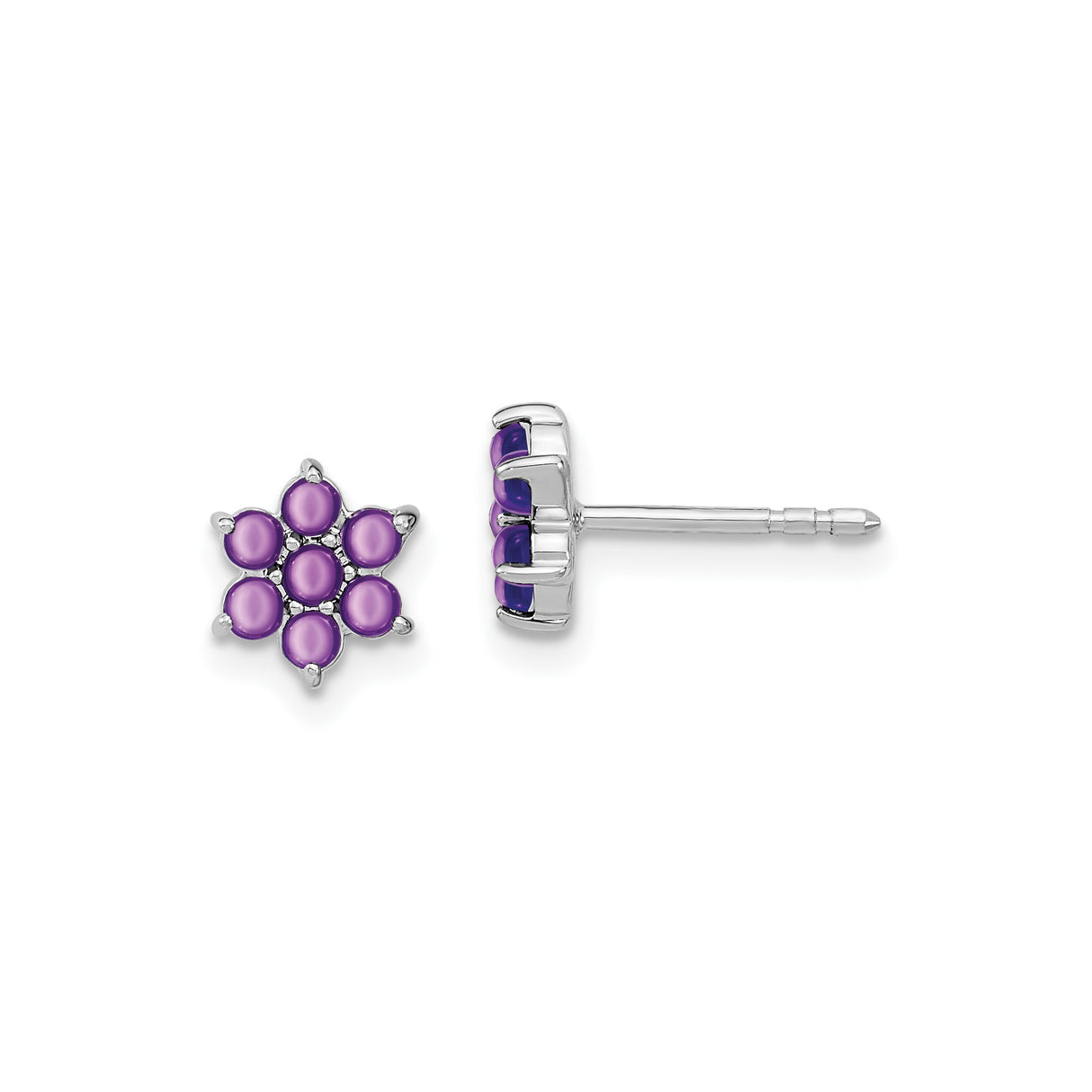 14k White Gold Stud Earrings with Amethyst, Six-Pointed Star Floral Design