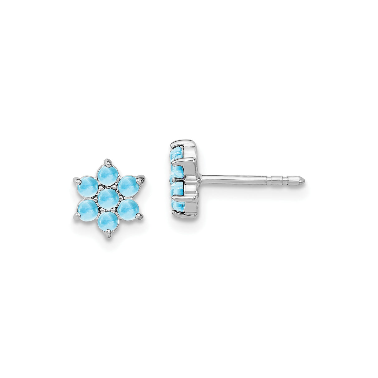 14k White Gold Snowflake Stud Earrings with Swiss Blue Topaz, Winter Floral Design