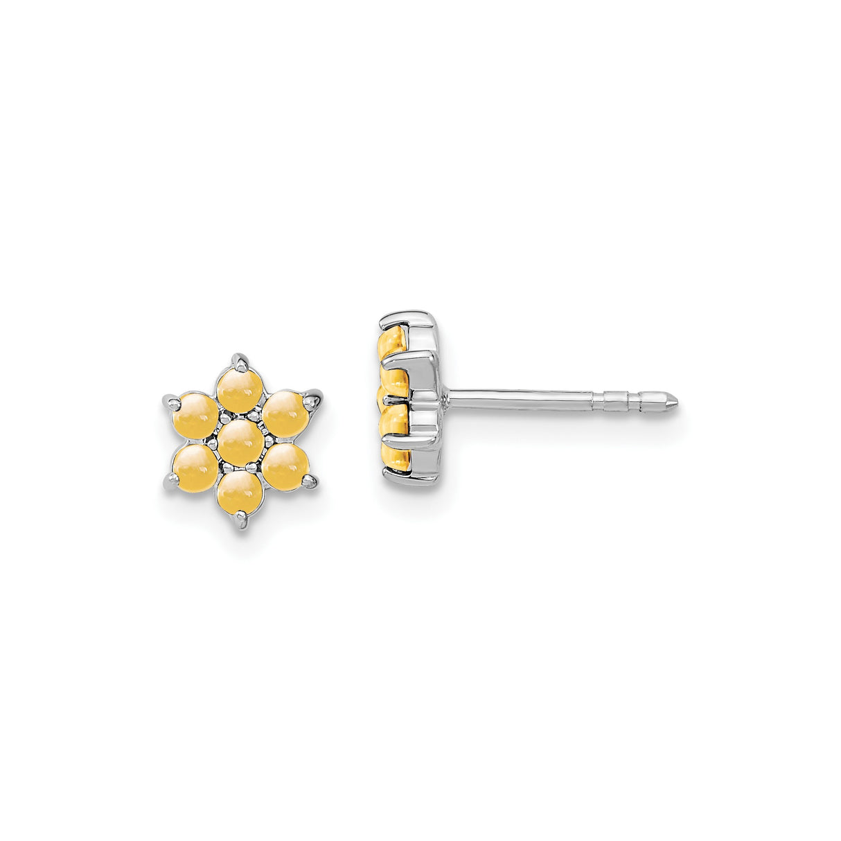 14k White Gold Stud Earrings with Citrine, Six-Point Flower Design, Floral Style