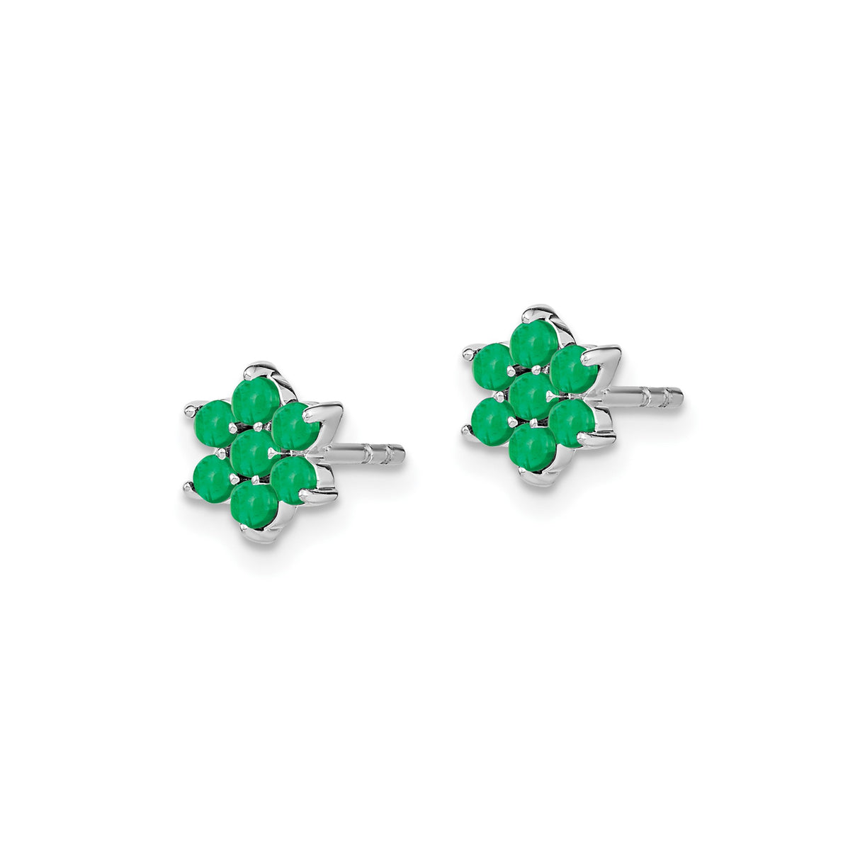 14k White Gold Floral Stud Earrings with Round Emeralds in Six Petal Cluster Design