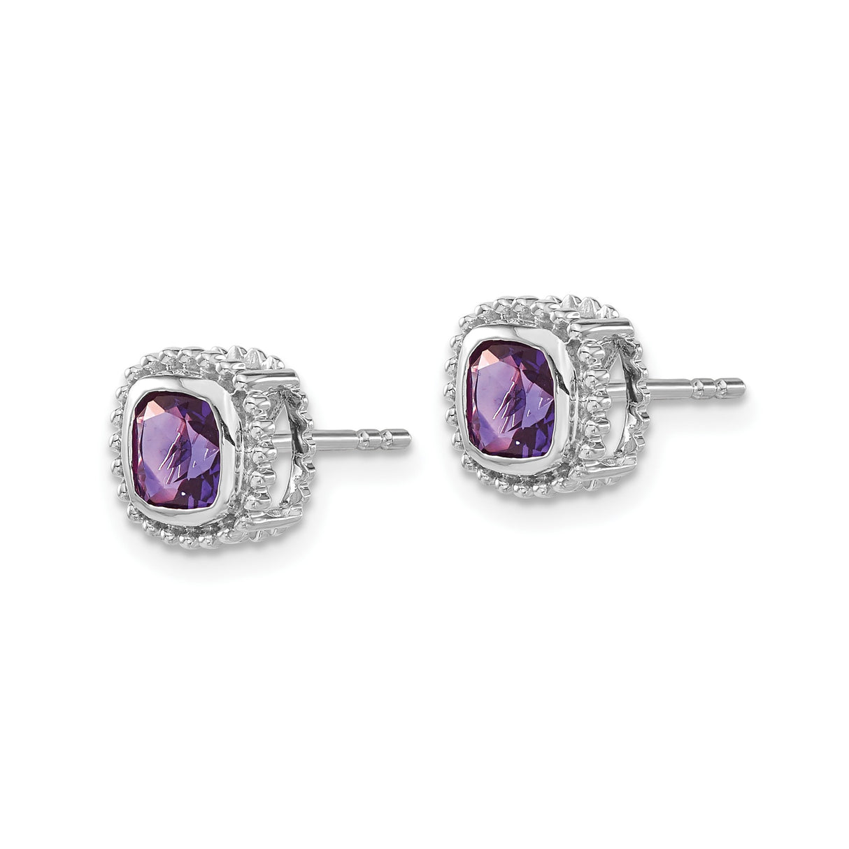 14k White Gold Amethyst Stud Earrings with Cushion Cut and Beaded Halo Design