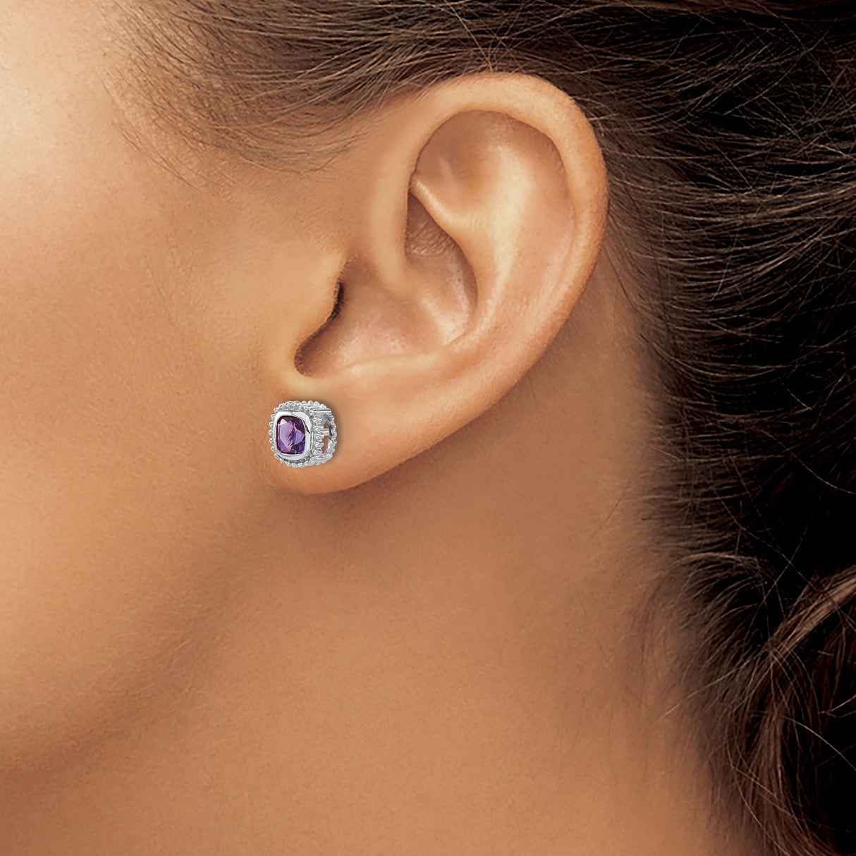 14k White Gold Amethyst Stud Earrings with Cushion Cut and Beaded Halo Design