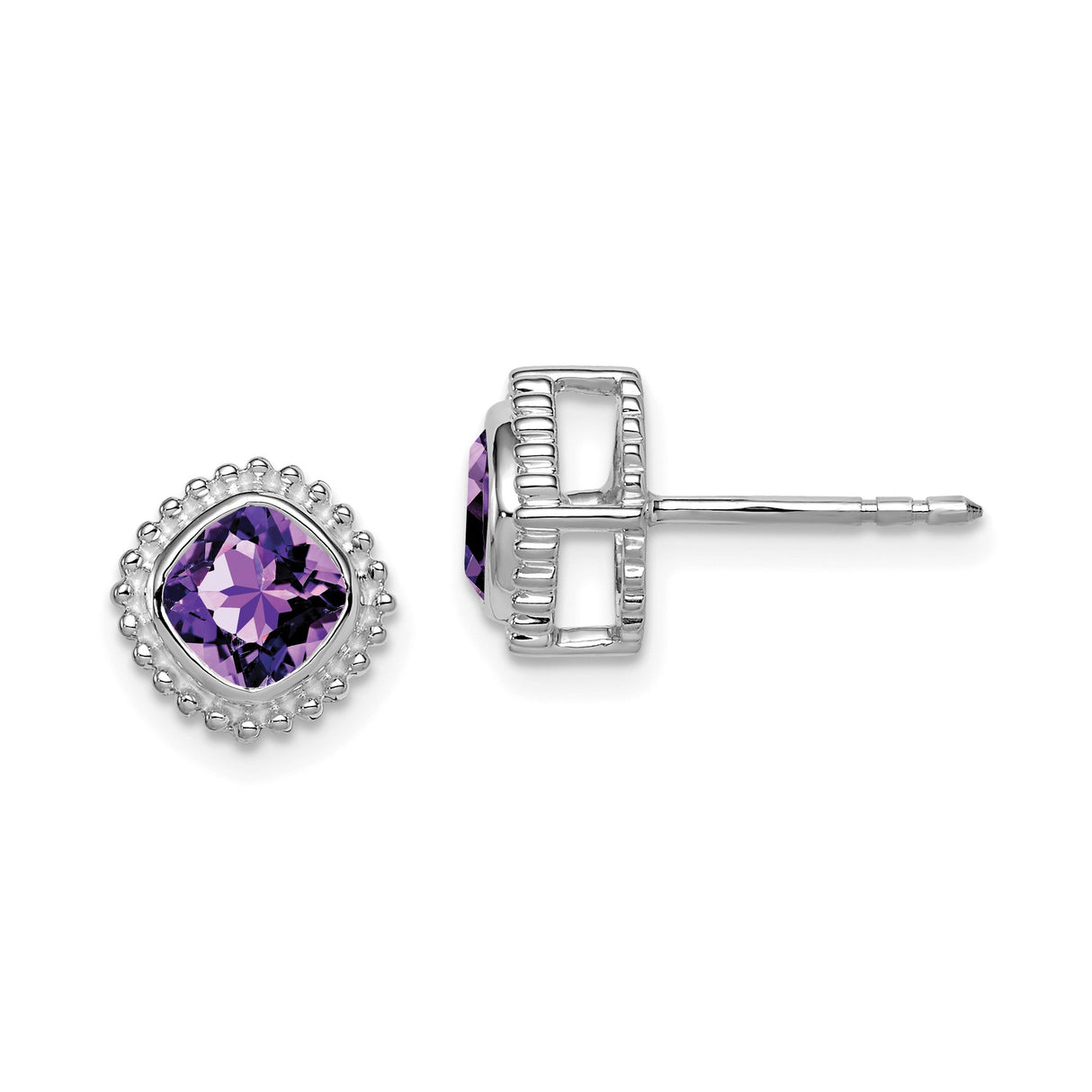 14k White Gold Amethyst Stud Earrings with Cushion Cut and Beaded Halo Design