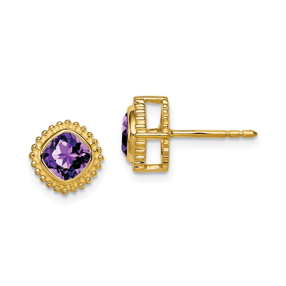 14k Yellow Gold Stud Earrings with Cushion Cut Amethyst in Beaded Halo Setting