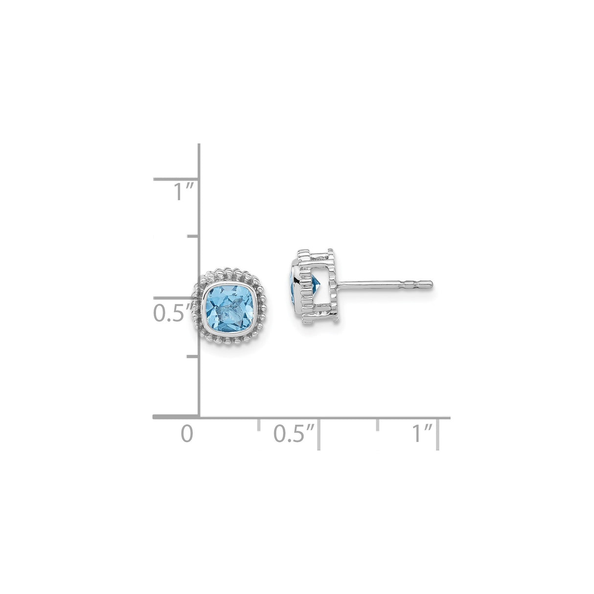 10k White Gold Stud Earrings with Swiss Blue Topaz, Cushion Cut, Decorative Border