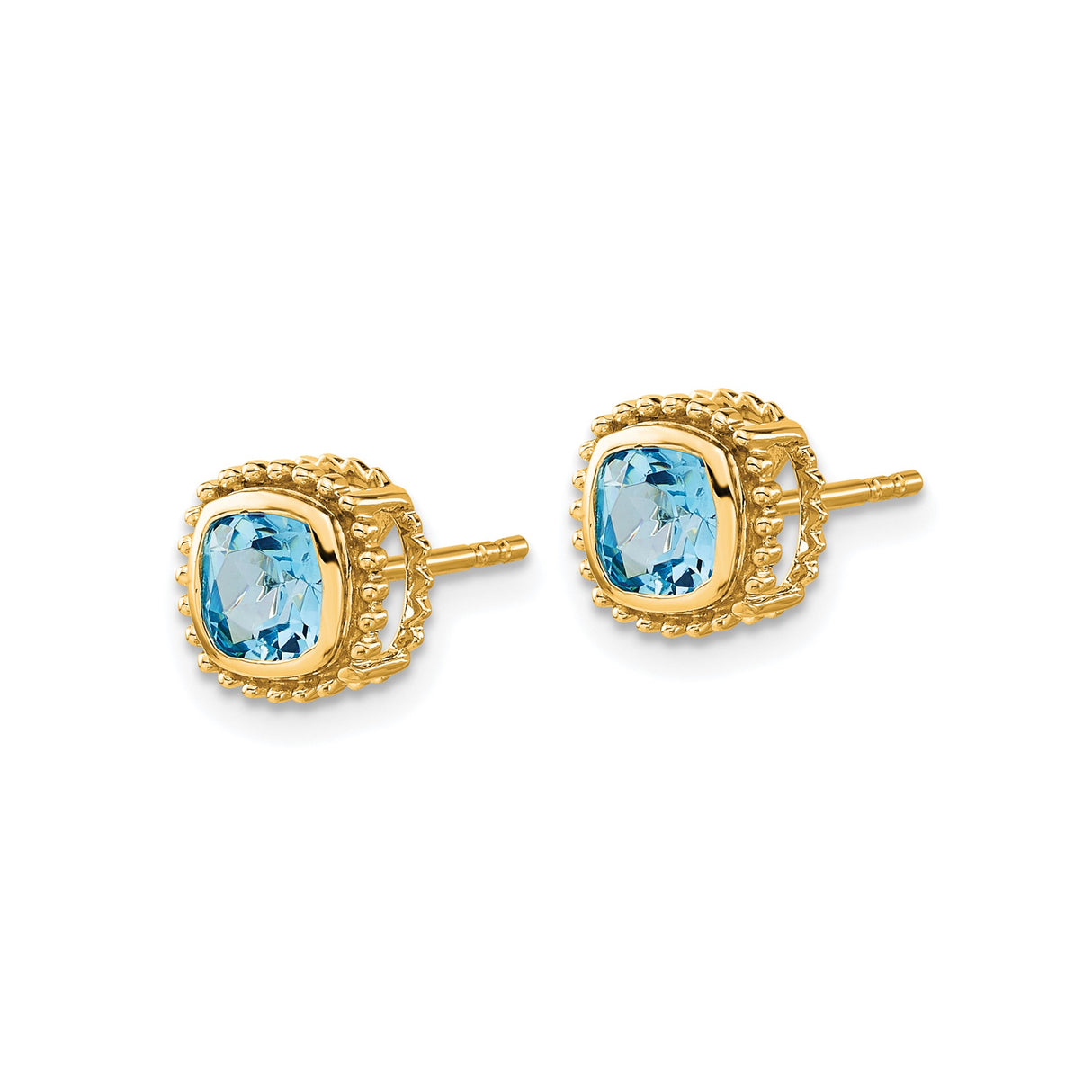 10k Yellow Gold Stud Earrings with Swiss Blue Topaz Cushion Cut and Beaded Halo Design