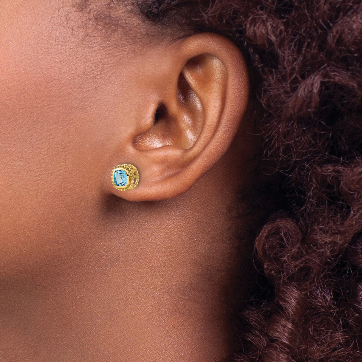 10k Yellow Gold Stud Earrings with Swiss Blue Topaz Cushion Cut and Beaded Halo Design