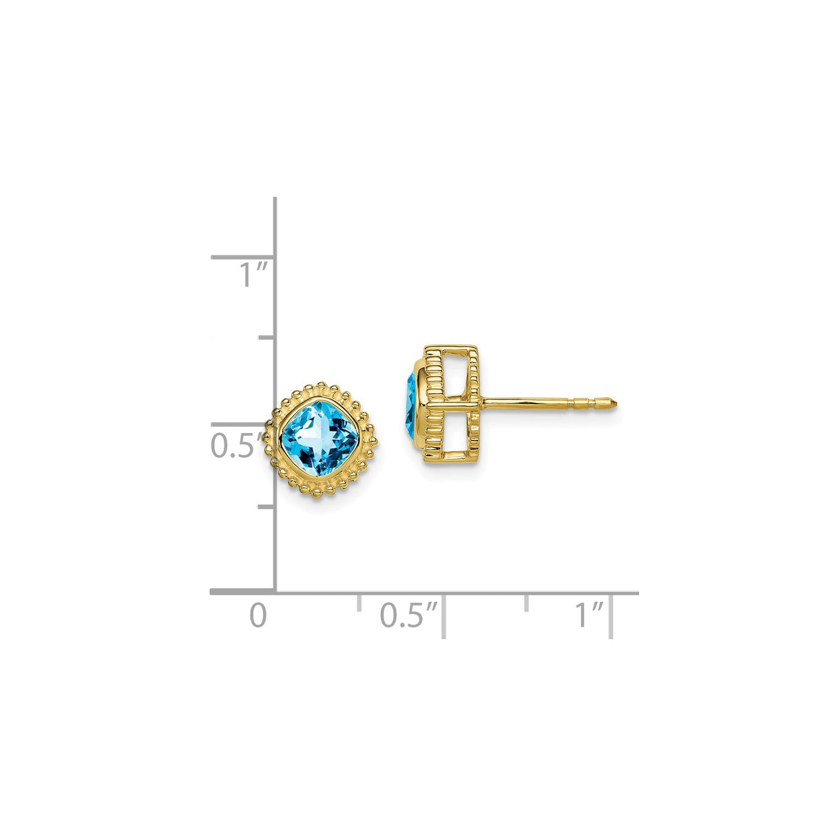 10k Yellow Gold Stud Earrings with Swiss Blue Topaz Cushion Cut and Beaded Halo Design