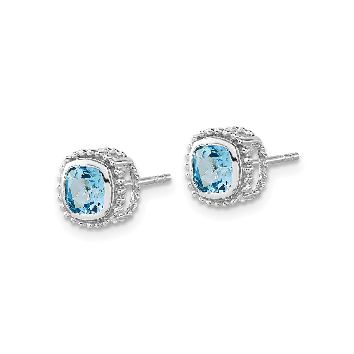 14k White Gold Blue Topaz Stud Earrings, Cushion Cut with Milgrain Halo Setting