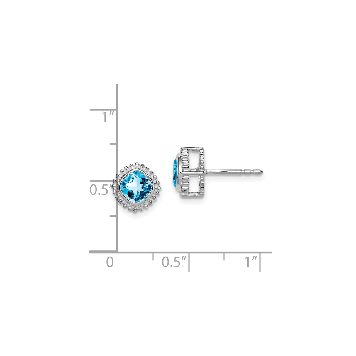 14k White Gold Blue Topaz Stud Earrings, Cushion Cut with Milgrain Halo Setting