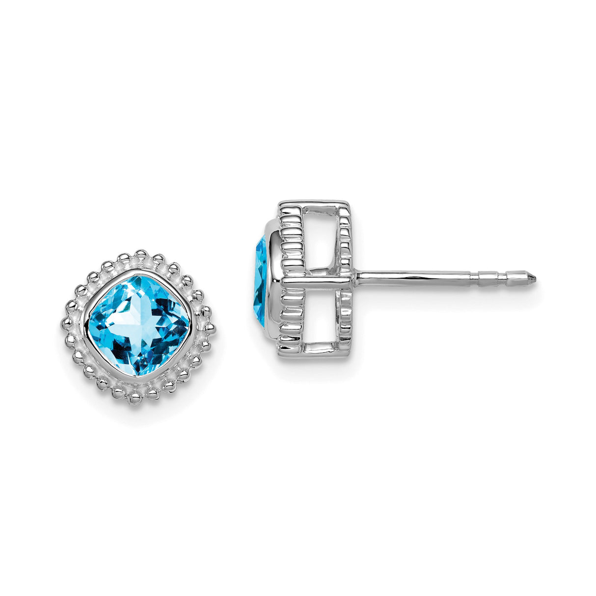 14k White Gold Blue Topaz Stud Earrings, Cushion Cut with Milgrain Halo Setting