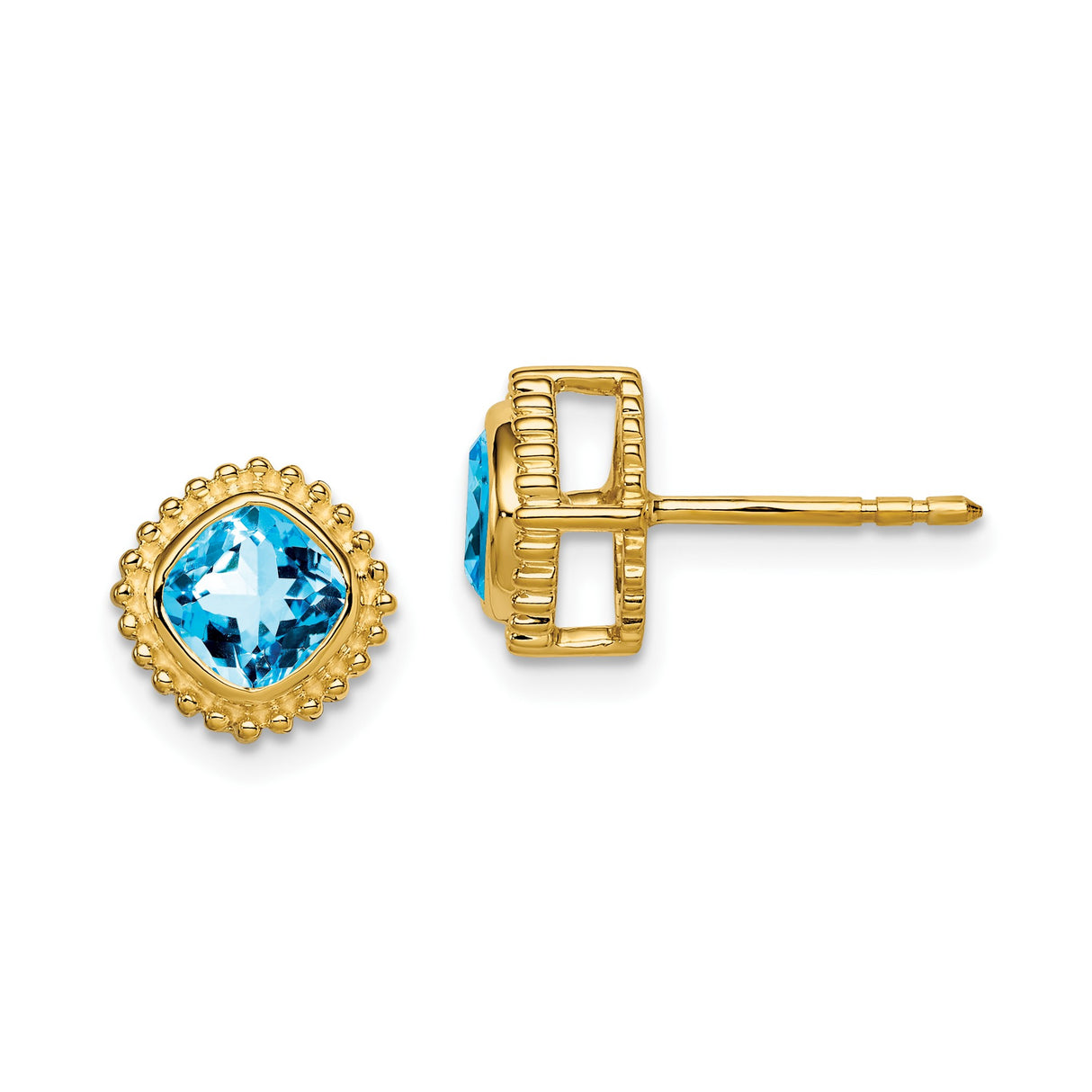 14k Yellow Gold Stud Earrings with Swiss Blue Topaz, Cushion Cut, Vintage Beaded Frame