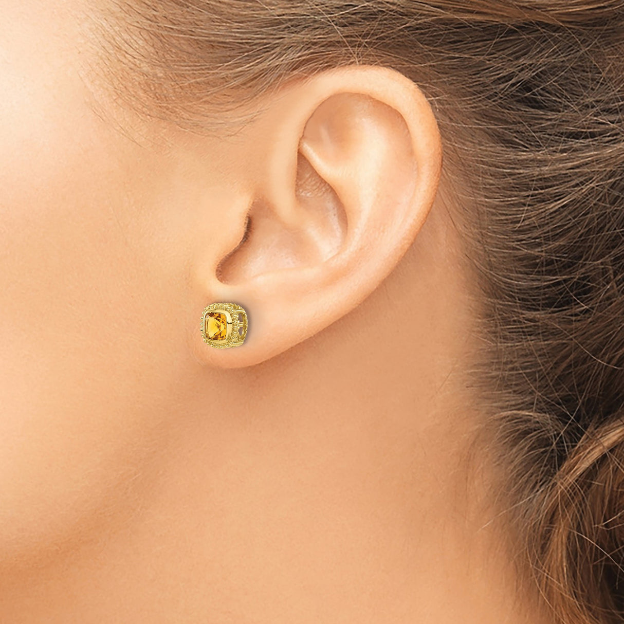 10k Yellow Gold Citrine Stud Earrings with Cushion Cut and Beaded Halo Setting, Vintage Style
