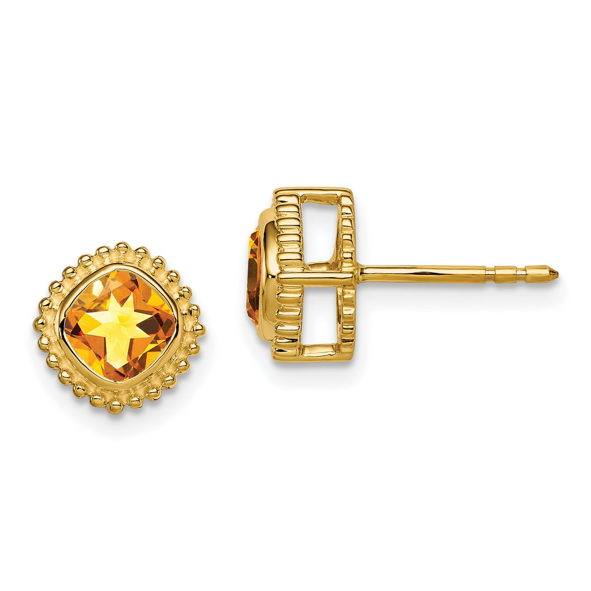 10k Yellow Gold Citrine Stud Earrings with Cushion Cut and Beaded Halo Setting, Vintage Style