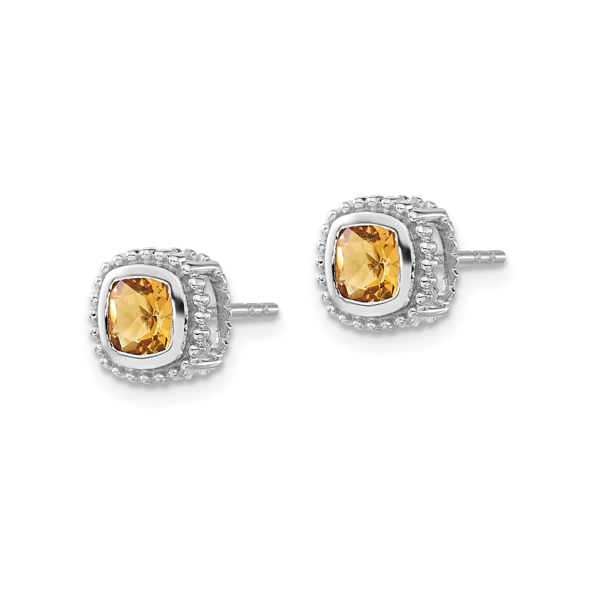 14k White Gold Cushion Cut Citrine Stud Earrings with Beaded Halo Setting