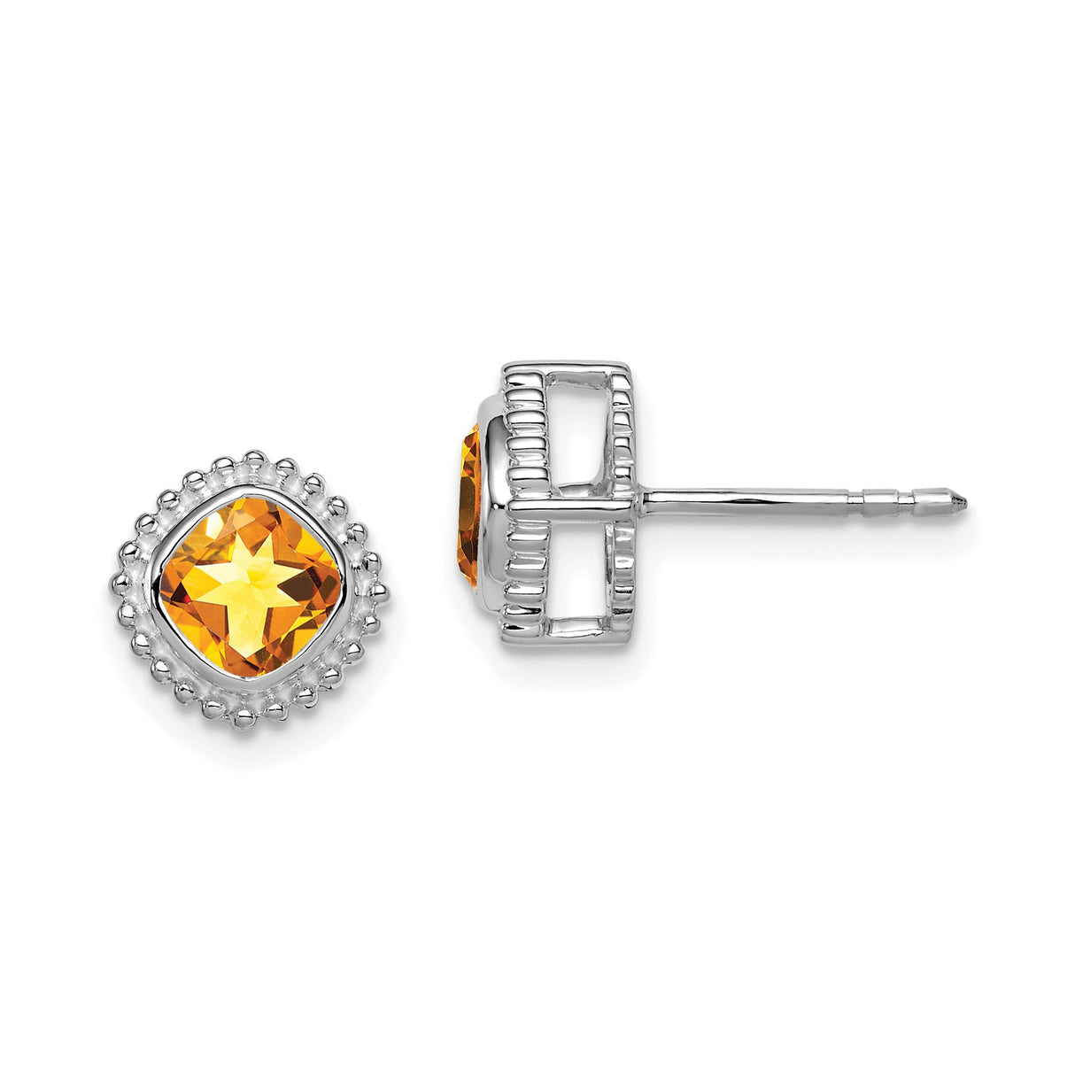 14k White Gold Cushion Cut Citrine Stud Earrings with Beaded Halo Setting