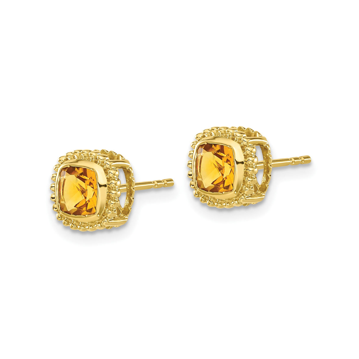 14k Yellow Gold Stud Earrings with Cushion-Cut Citrine and Beaded Halo Design