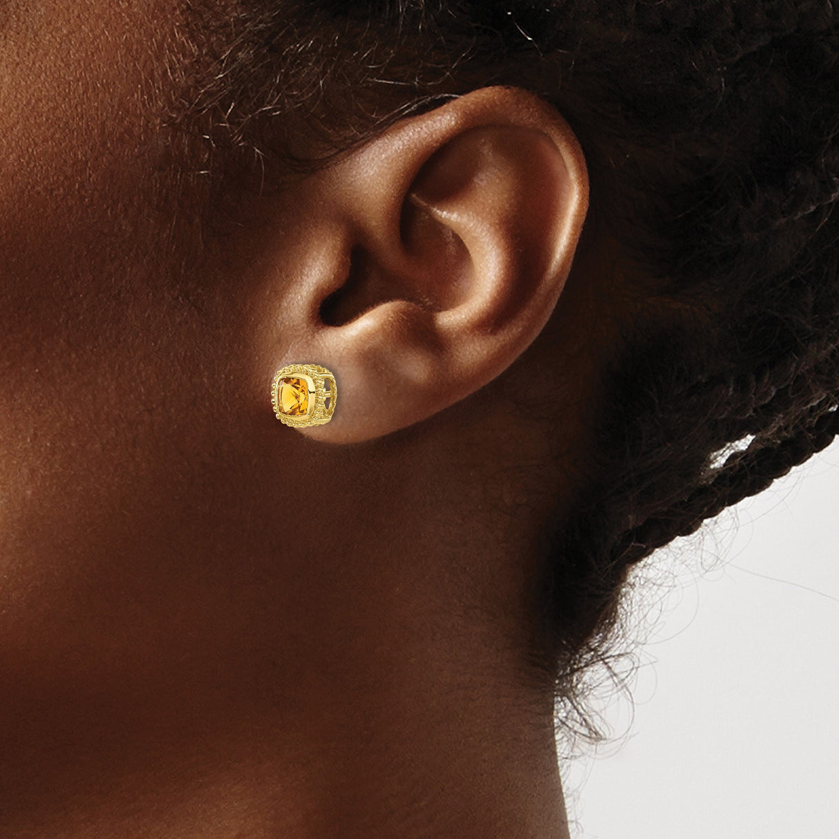14k Yellow Gold Stud Earrings with Cushion-Cut Citrine and Beaded Halo Design