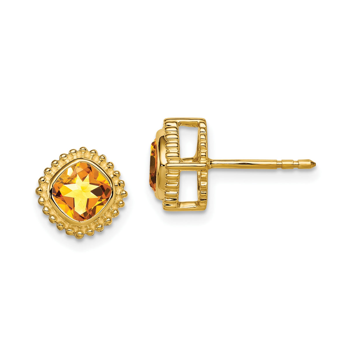14k Yellow Gold Stud Earrings with Cushion-Cut Citrine and Beaded Halo Design