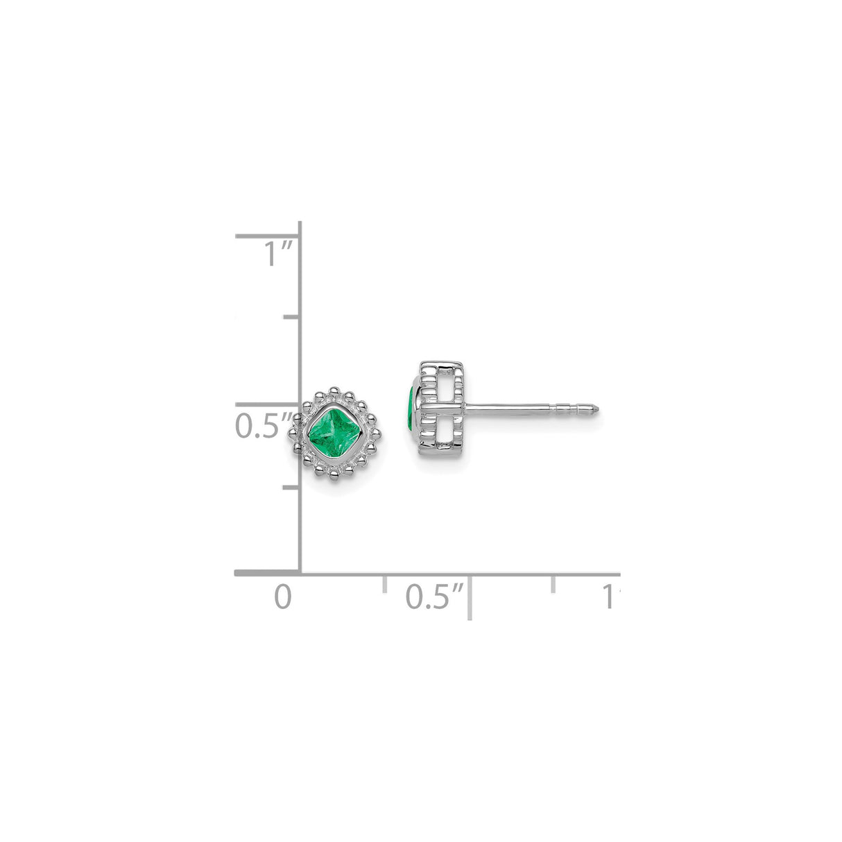 10k White Gold Stud Earrings with Emerald, Square Cut Cushion Style with Beaded Border