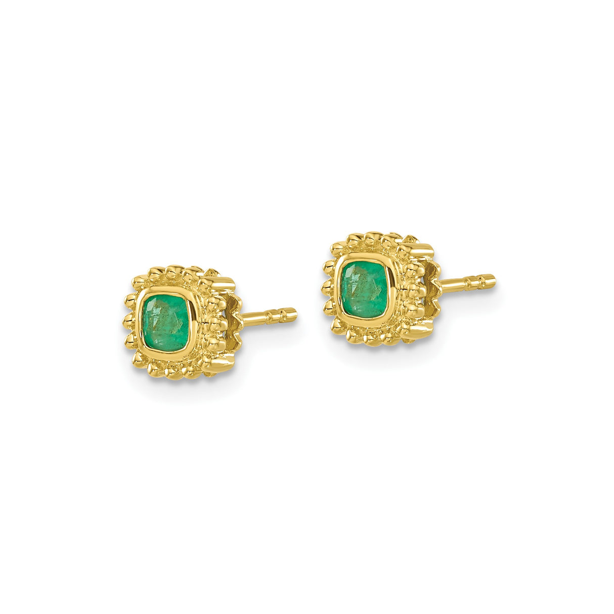 10k Yellow Gold Stud Earrings with Emerald, Square Cut and Beaded Halo Design