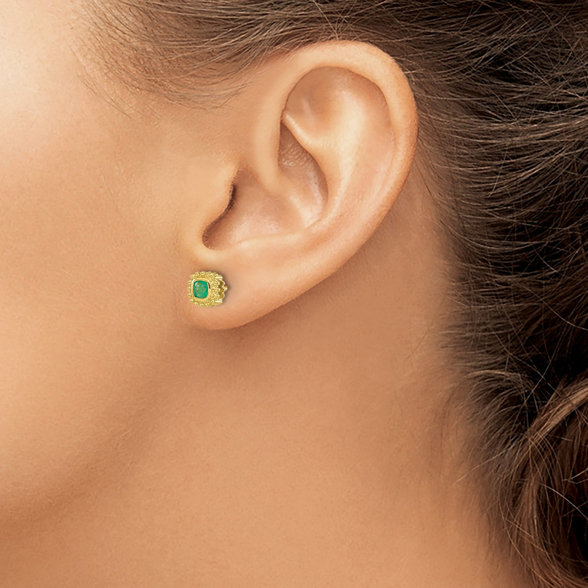 10k Yellow Gold Stud Earrings with Emerald, Square Cut and Beaded Halo Design