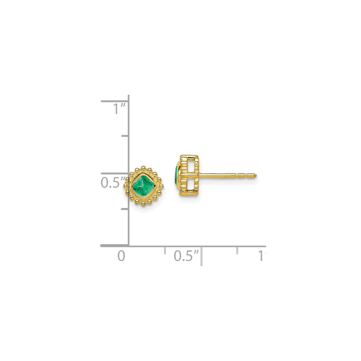 10k Yellow Gold Stud Earrings with Emerald, Square Cut and Beaded Halo Design