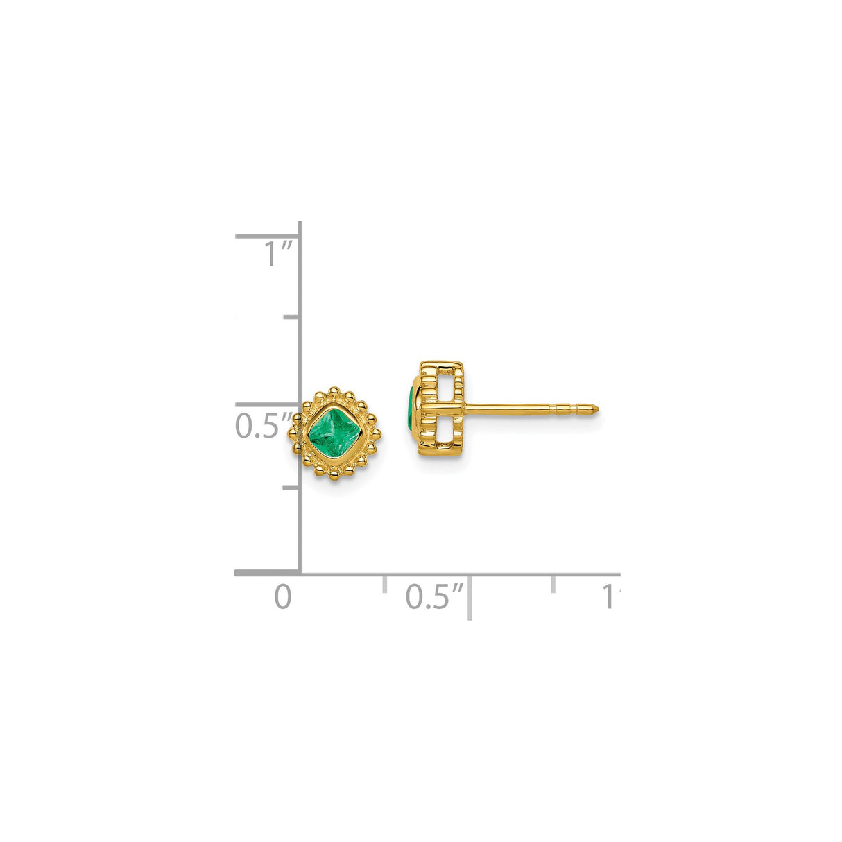 14k Yellow Gold Stud Earrings with Square Cut Emerald in Scalloped Bezel Setting