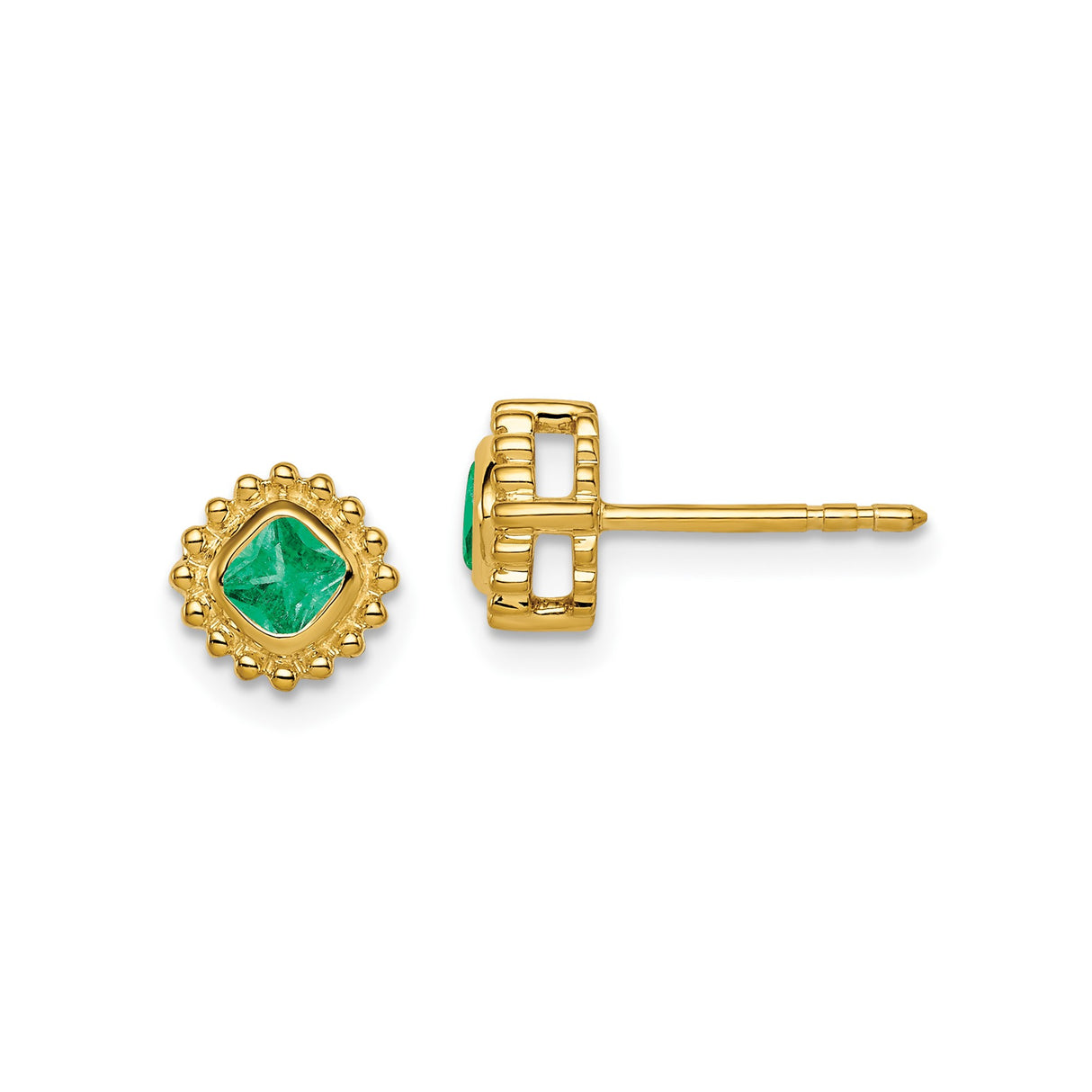 14k Yellow Gold Stud Earrings with Square Cut Emerald in Scalloped Bezel Setting