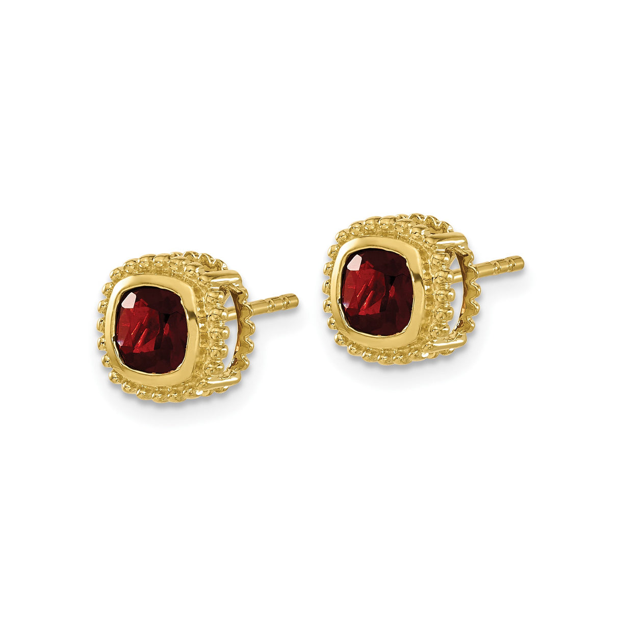 10k Yellow Gold Garnet Stud Earrings, Cushion Cut, Beaded Setting, Classic Style for Women