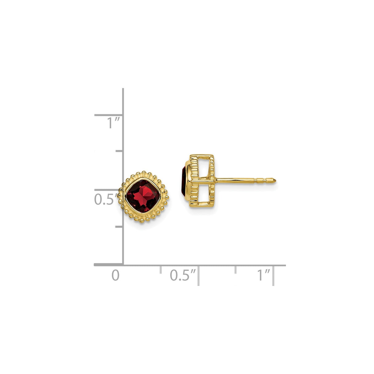 10k Yellow Gold Garnet Stud Earrings, Cushion Cut, Beaded Setting, Classic Style for Women