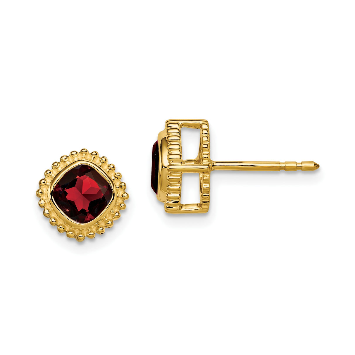 10k Yellow Gold Garnet Stud Earrings, Cushion Cut, Beaded Setting, Classic Style for Women
