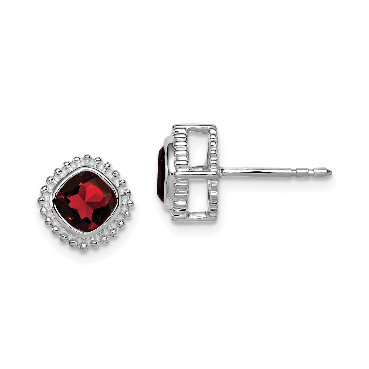 14k White Gold Garnet Stud Earrings with Cushion Cut and Beaded Halo Design