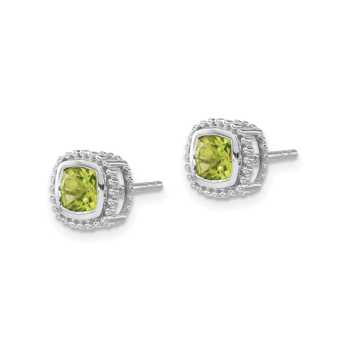 10k White Gold Stud Earrings with Cushion Cut Peridot in Beaded Halo Setting